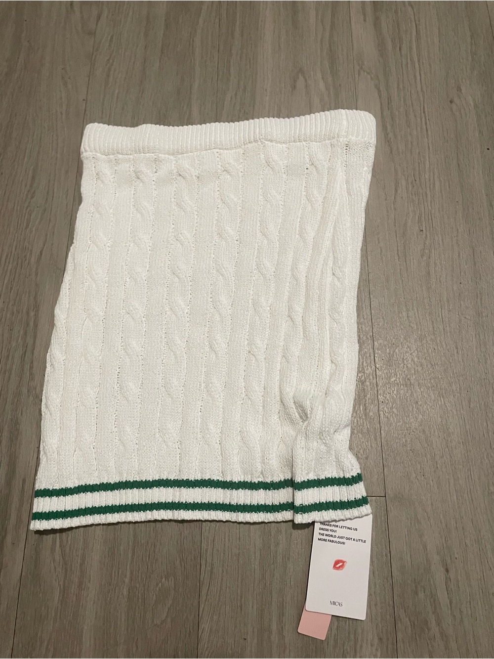 White Cable Knit Tube Skirt with Green Stripe